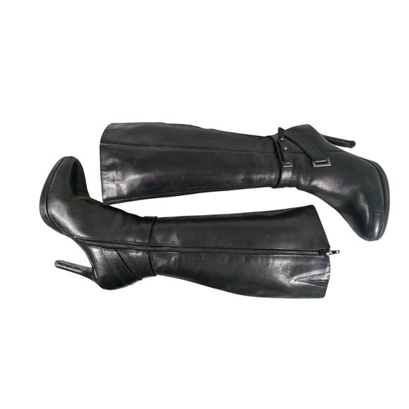 LEVITY! BLACK GENUINE LEATHER PLATFORM, STILETTO, 2 BUCKLE BOOTS! … - Picture 7 of 11